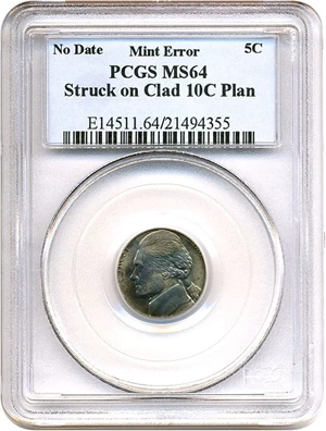 image for: Mint Error: No Date 5c PCGS MS64 Struck on Clad 10c Planchet