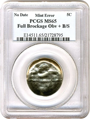 image for: Mint Error: No Date Jeff 5c PCGS MS65 Full Brockage Obv & Broadstruck.