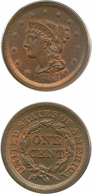 image for: 1854 1c PCGS MS66 RB OGH