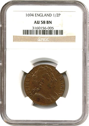 image for: Great Britain: 1694 1/2 D NGC AU58 BN
