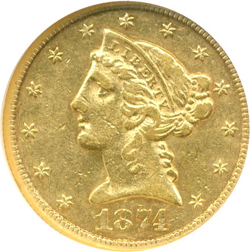 image for: 1874-CC $5  NGC AU53