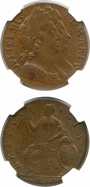 image for: Great Britain: 1694 1/2 D NGC AU58 BN