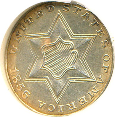 image for: 1856 3cS DGS AU58  (Lightly Cleaned, Environmental Damage)