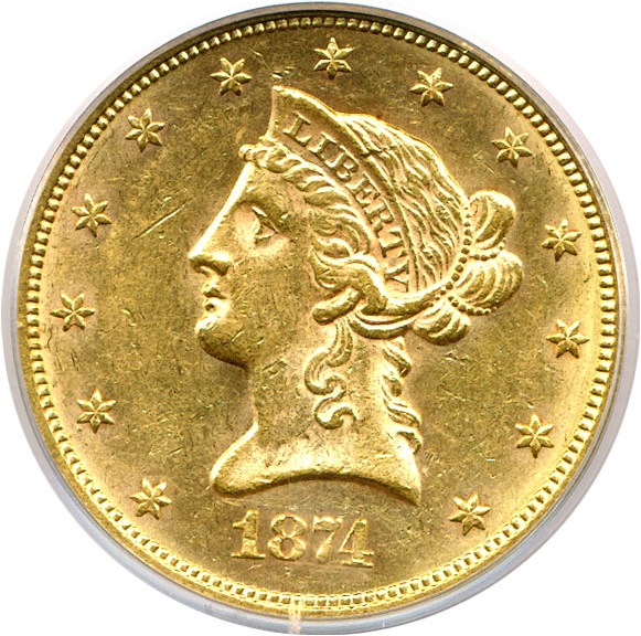 image for: 1874 $10  PCGS AU55