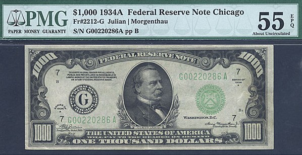 image for: Fr.2212G 1934A $1,000  PMG AU55 EPQ  [G00220286A]