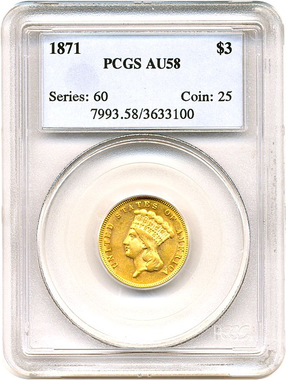 image for: 1871 $3  PCGS AU58
