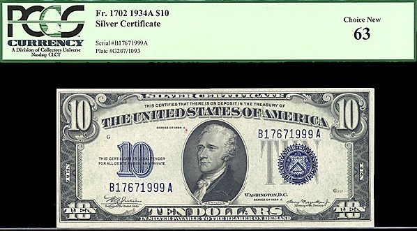 image for: Fr.1702 1934A $10 with blue seal and serial numbers. PCGS Choice CU63  [B17671999A]