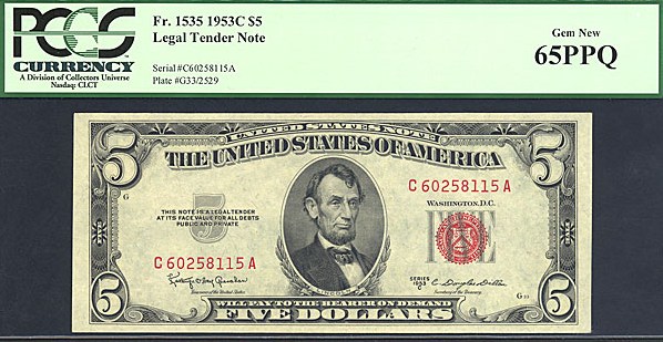 image for: Fr.1535 1953C $5  PCGS Gem CU65 PPQ  [C60258115A]