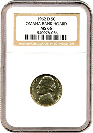 image for: 1962-D 5c NGC MS66 ex: Omaha Bank Hoard