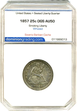 image for: 1857 25c Smoking Liberty DGS AU50 (Whizzed) Ex: Saverio Barbieri