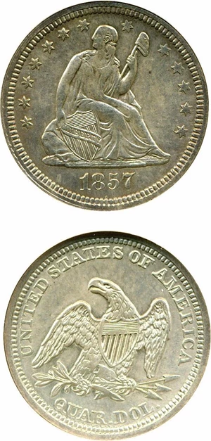 image for: 1857 25c Smoking Liberty DGS AU50 (Whizzed) Ex: Saverio Barbieri