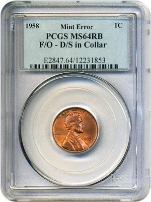 image for: Mint Error: 1958 1c PCGS MS64 RB (Foldover-Doublestruck in Collar)