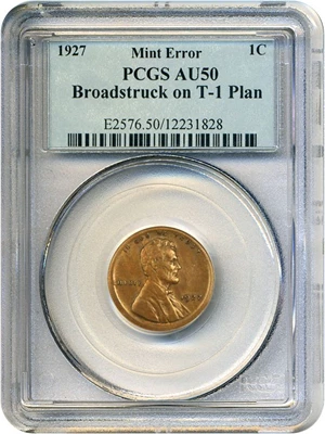 image for: Mint Error: 1927 1c PCGS AU50 (Broadstruck on T-1 Planchet)
