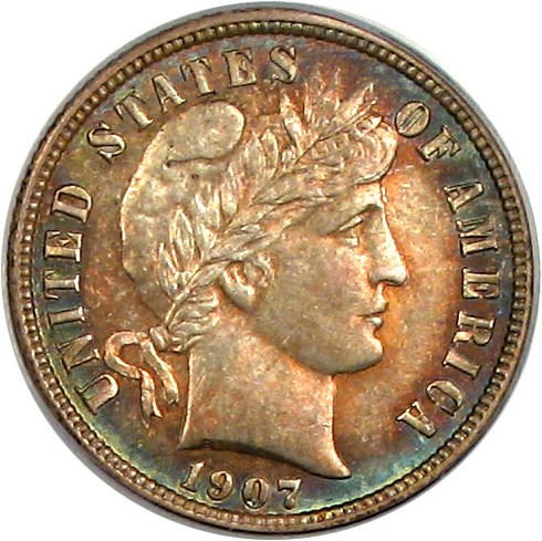 image for: 1907-S 10c  PCGS MS63 *Color*