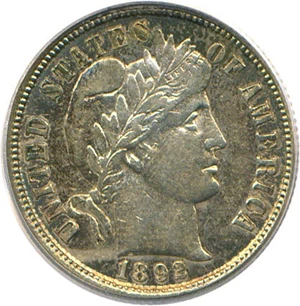 image for: 1892-S 10c PCGS AU50