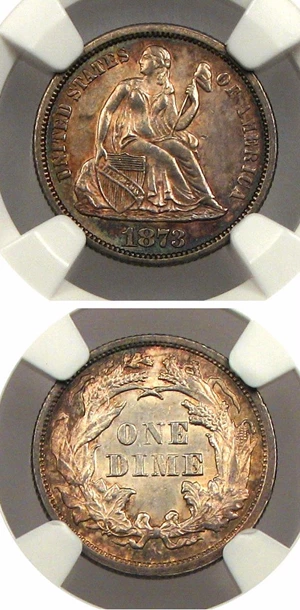 image for: 1873 10c NGC MS64 (Open 3, No Arrows)