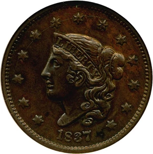 image for: 1837 1c Head of 1836 NGC AU55 (Medium Letters, N-4) ex: Jules Reiver Collection