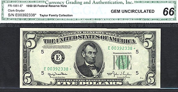 image for: Fr.1961E 1950 $5 Dark Green Seal CGA Gem CU66  [E0039338] *Star*