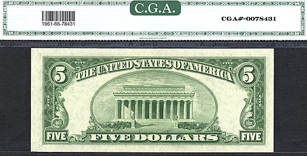 image for: Fr.1961E 1950 $5 Dark Green Seal CGA Gem CU66  [E35700147A]