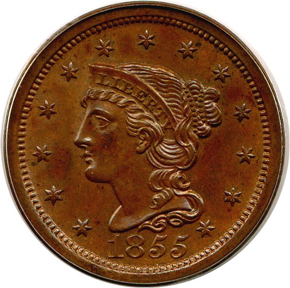貴重、美品フェントン50年代頃ドットBigベース高さ22.5cm 1855 Braided Hair Large Penny Slanted 55 BN Mint State (MS