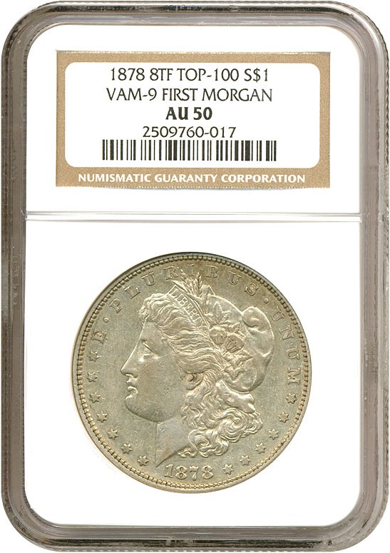 image for: Top 100 VAM: 1878 8TF $1 NGC AU50 (VAM-9  1st Die Pair)