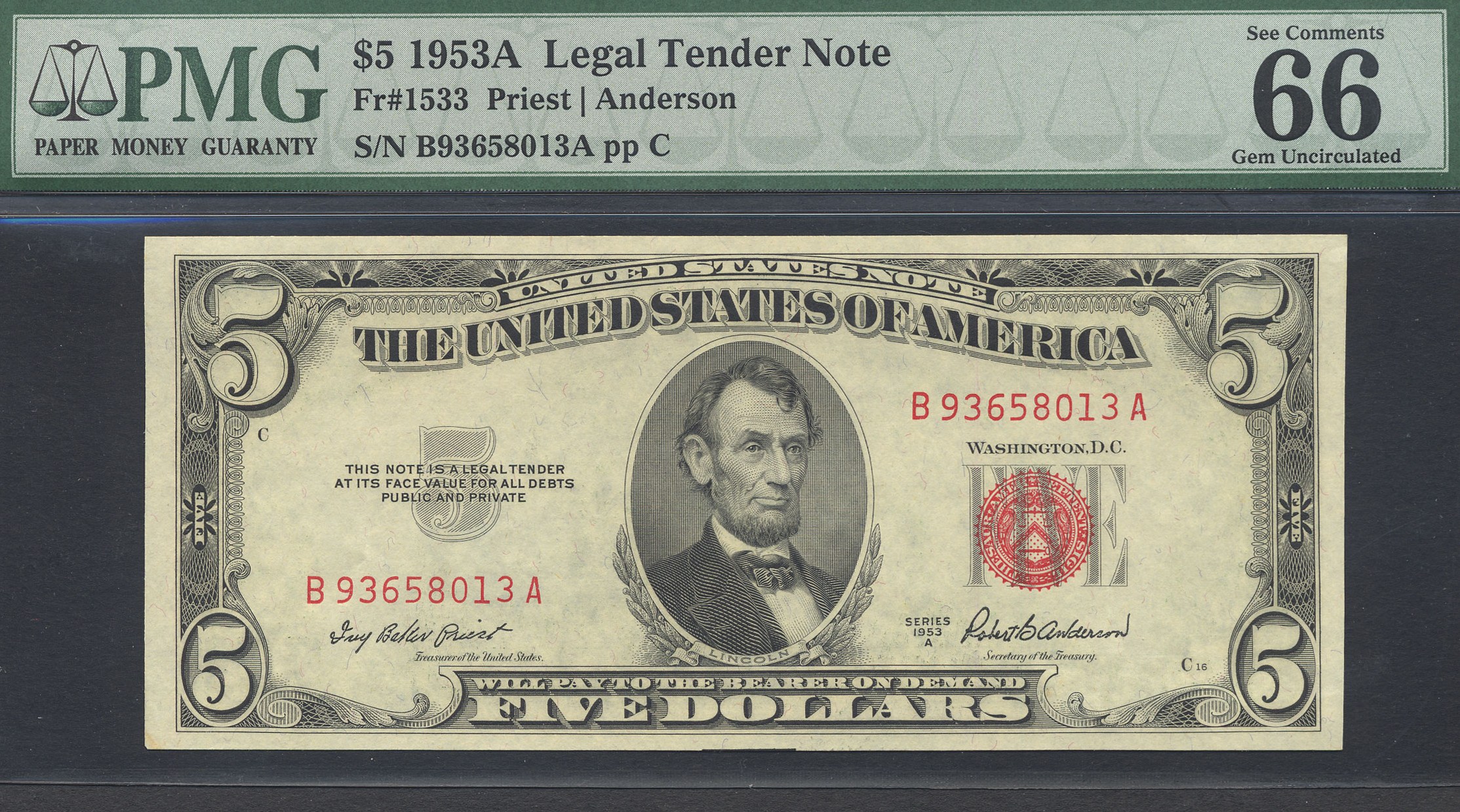 image for: Fr.1533 1953A $5  PMG Gem CU66  [B93658013A]