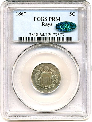 image for: 1867 5c Rays PCGS/CAC Proof 64