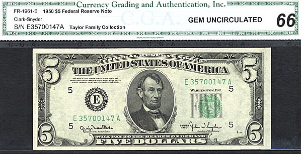 image for: Fr.1961E 1950 $5 Dark Green Seal CGA Gem CU66  [E35700147A]