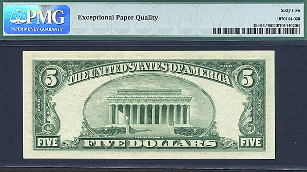 image for: Fr.1966L 1950E $5 Dark Green Seal PMG Gem CU65  [L15954758] *Star*