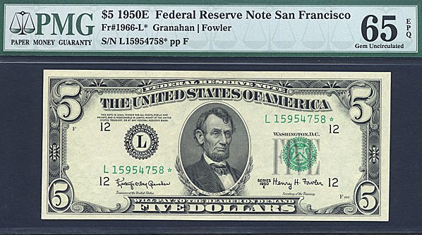 image for: Fr.1966L 1950E $5 Dark Green Seal PMG Gem CU65  [L15954758] *Star*