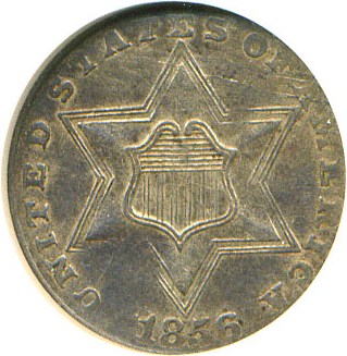 image for: Mint Error: 1856 3cS DGS AU53  (Lamination Obverse) [Environmental Damage]