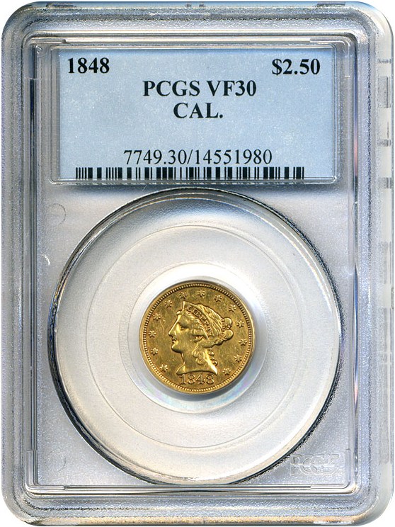 image for: 1848 CAL. $2 1/2 PCGS VF30  (CAL. stamped reverse)