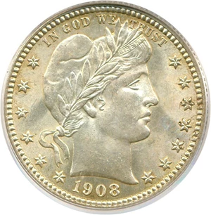 image for: 1908 25c PCGS MS65