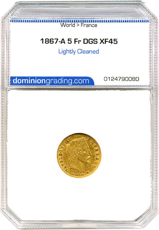 image for: France: 1867-A 5 Fr DGS XF45 (Lightly Cleaned)