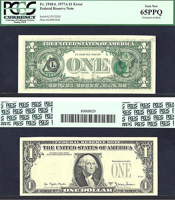 image for: Fr.1910L 1977A $1  PCGS Gem CU65  [L37317223I] *Error* (Overprint on Back)
