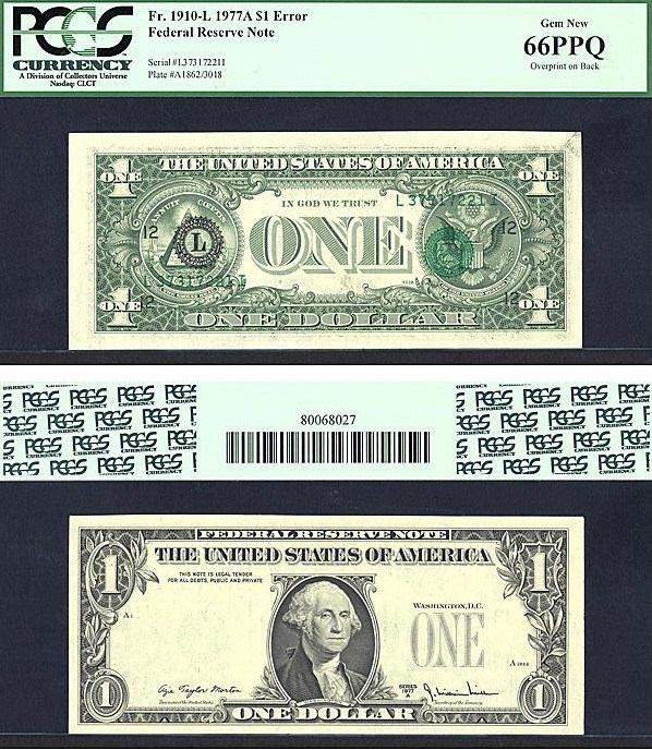 image for: Fr.1910L 1977A $1  PCGS Gem CU66  [L37317221I] *Error* (Overprint on Back)