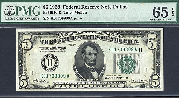 image for: Fr.1950K 1928 $5  PMG Gem CU65 EPQ  [K01709809A]