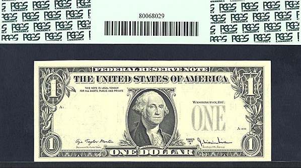 image for: Fr.1910L 1977A $1  PCGS Gem CU65  [L37317223I] *Error* (Overprint on Back)