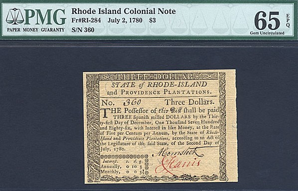 image for: Rh. Island: Fr.RI284 1780 $3 2-Jul PMG Gem CU65 Rhode Island [360]