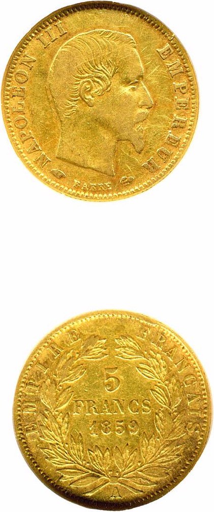 image for: France: 1859-A 5 Fr Gold DGS XF40  (Lightly Cleaned)