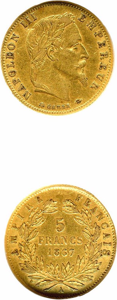 image for: France: 1867-A 5 Fr DGS XF45 (Lightly Cleaned)