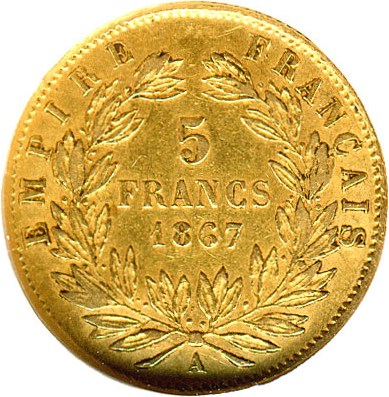 image for: France: 1867-A 5 Fr DGS XF45 (Lightly Cleaned)