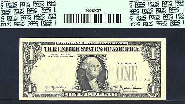 image for: Fr.1910L 1977A $1  PCGS Gem CU66  [L37317221I] *Error* (Overprint on Back)