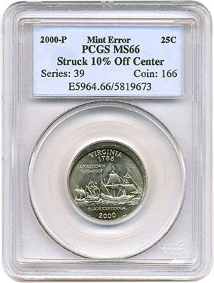 image for: Mint Error: 2000-P Virginia 25c PCGS MS66 -- Struck 10% Off Center