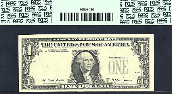 image for: Fr.1910L 1977A $1  PCGS Gem CU65  [L37317224I] *Error* (Overprint on Back)