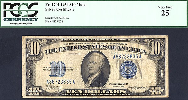 image for: Fr.1701 1934 $10 Blue Seal and Serial Numbers PCGS VF25  [A86723835A]