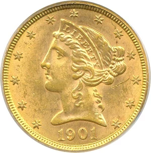 image for: 1901 $5 PCGS MS62 OGH