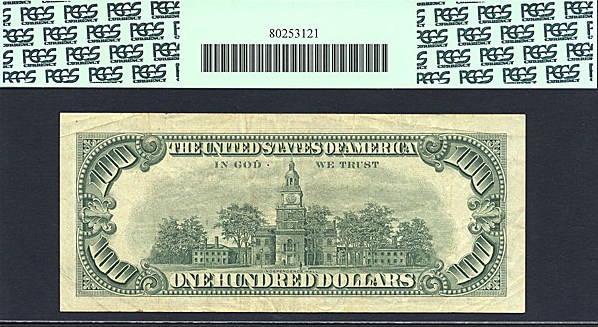 image for: Fr.1550 1966 $100 Red Seal PCGS Apparent VF30  [A00625925A] (Ink Stain on Face)