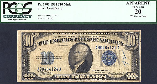 image for: Fr.1701 1934 $10 Blue Seal and Serial Numbers PCGS Apparent VF20  [A90464124A] (Writing on Face)