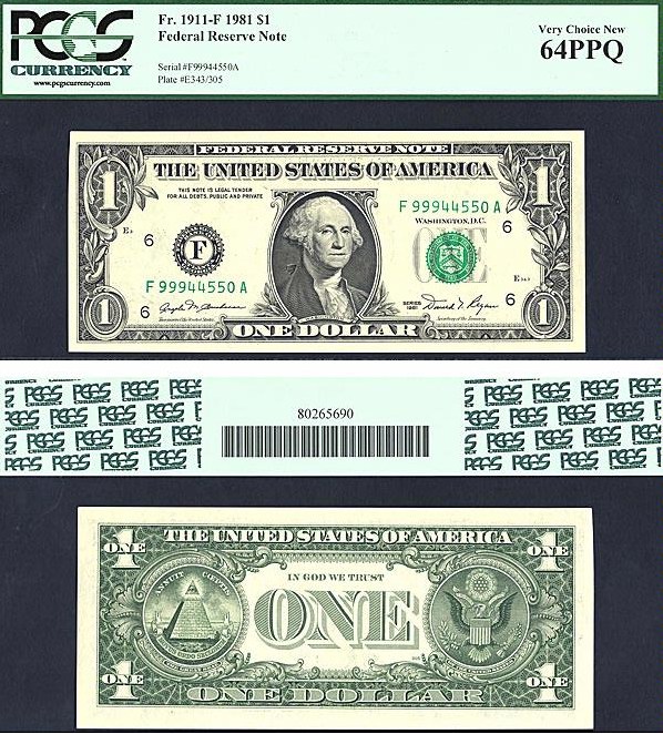 image for: Fr.1911F 1981 $1  PCGS Choice CU64 PPQ [F99944550A]